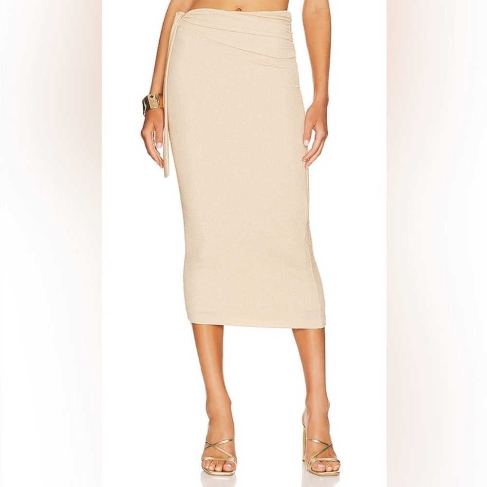Camila Coelho Gold Glitter Tie‎ Waist Midi Skirt XXS